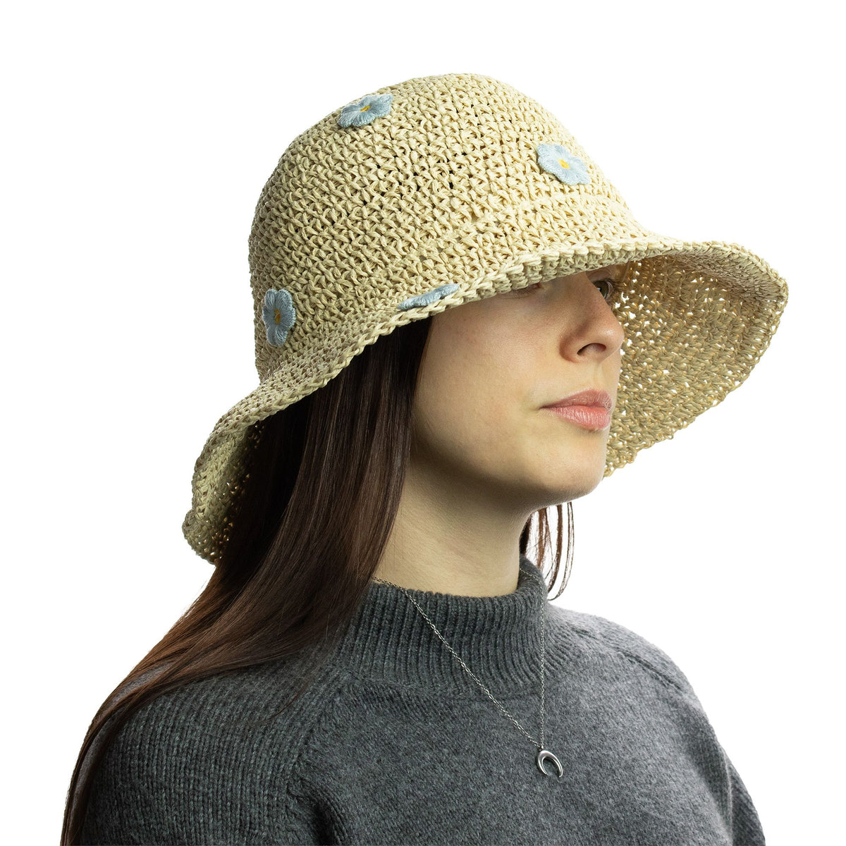 Nomad Sari Floppy Straw Sun Hat - Beige & Blue Flowers – product image 4 of 7