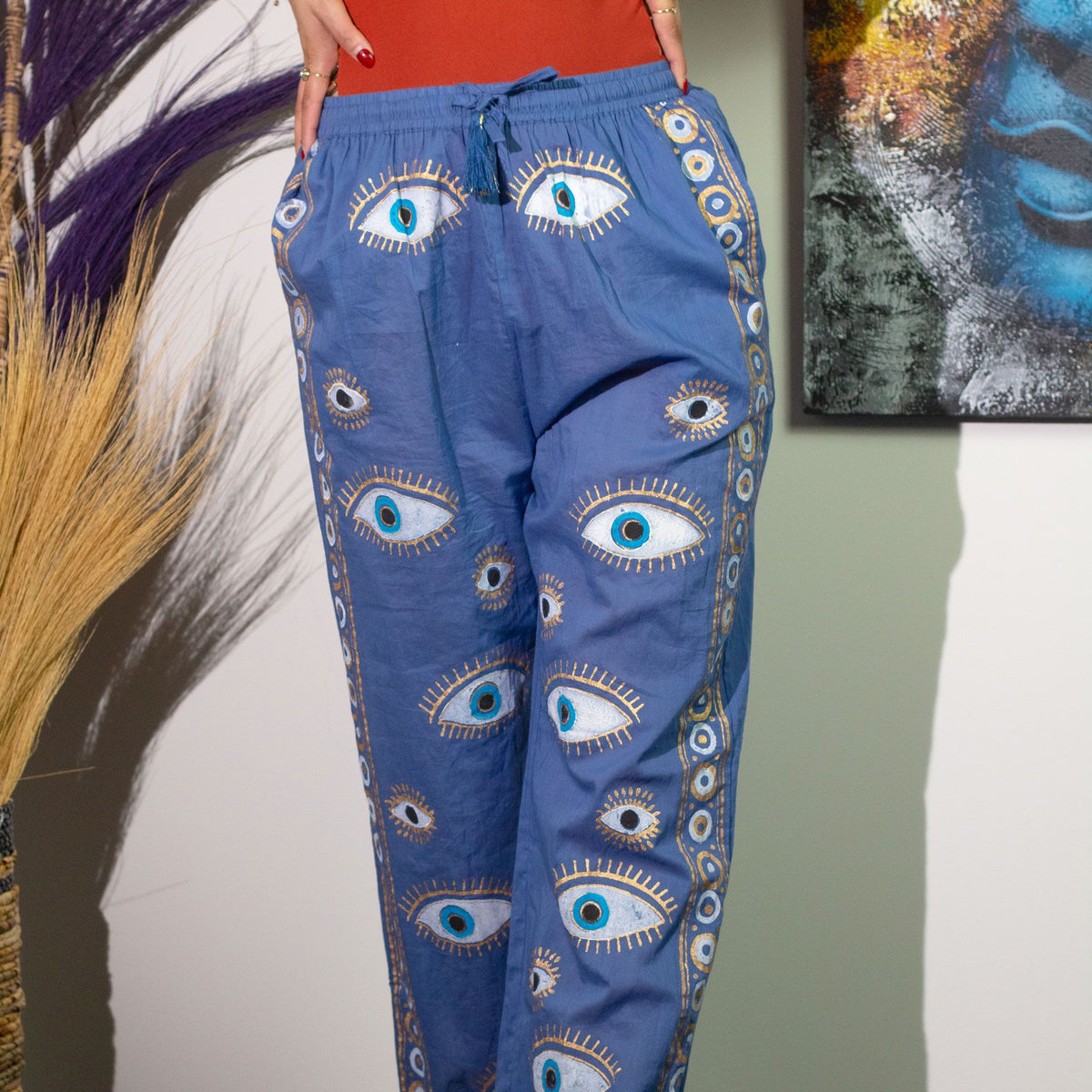 Nomad Sari Lounge Pants (M/L) – Rich Blue with Hand-Painted Gold Evil Eye Design – product image 5 of 10