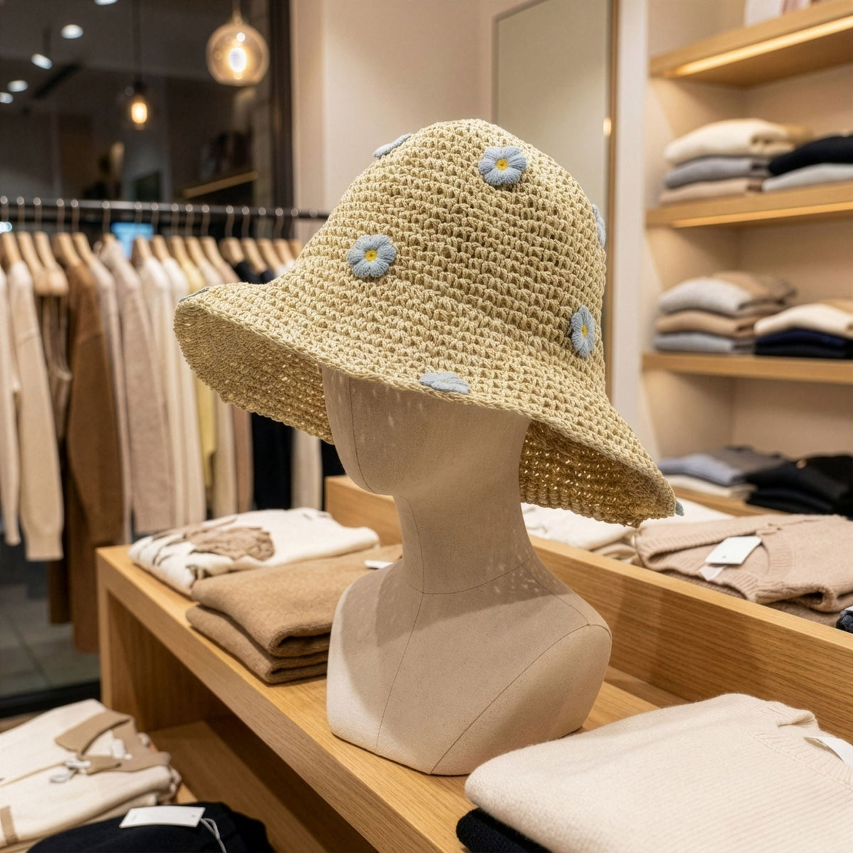 Nomad Sari Floppy Straw Sun Hat - Beige & Blue Flowers – product image 6 of 7