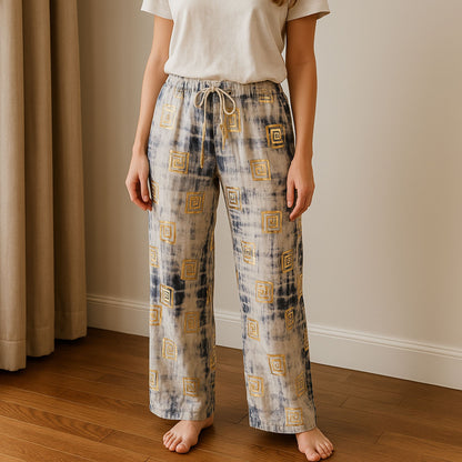 Nomad Sari Lounge Pants (M/L) – Blue Tie-Dye with Gold Greek Motif – product image 3 of 12