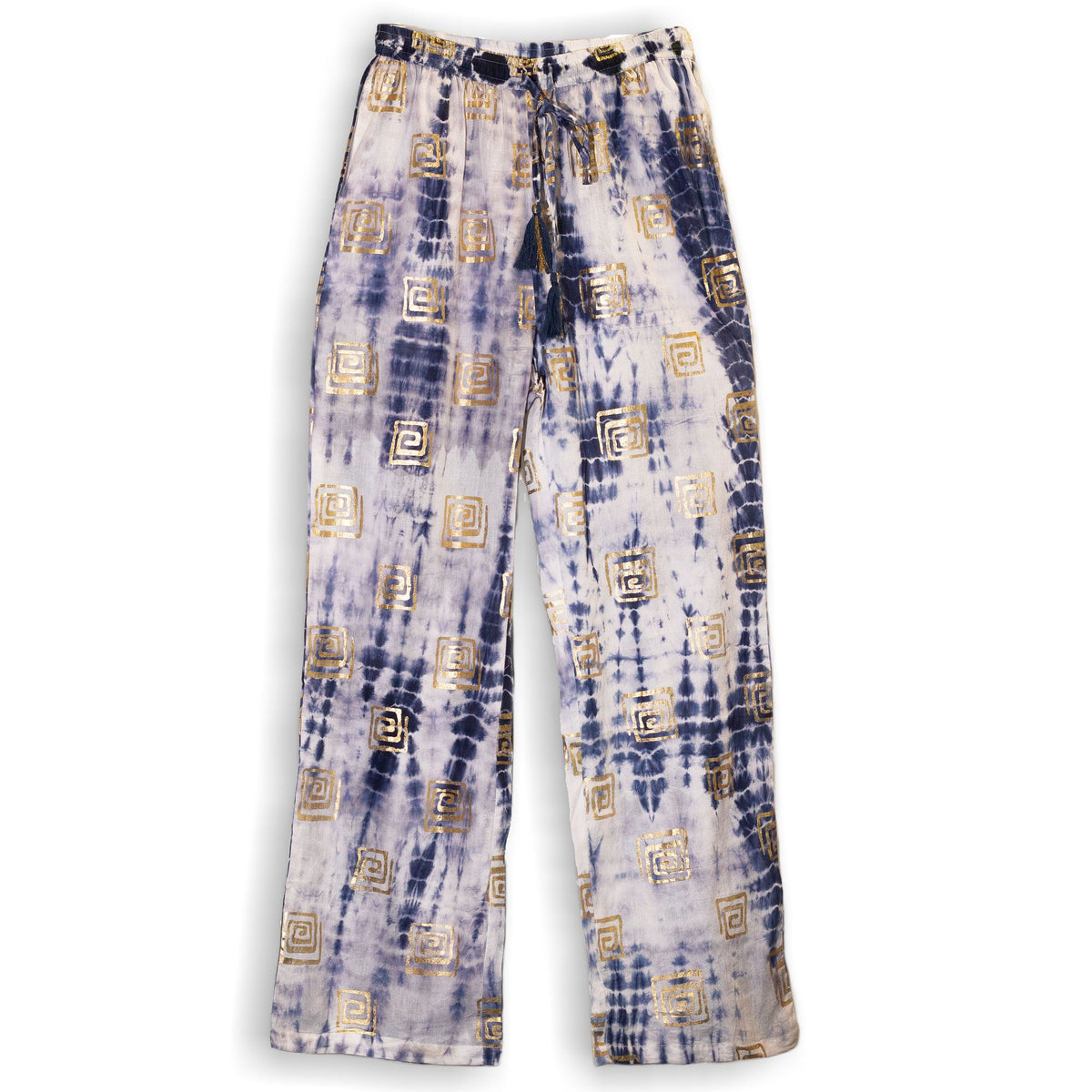 Nomad Sari Lounge Pants (M/L) – Blue Tie-Dye with Gold Greek Motif – product image 5 of 12