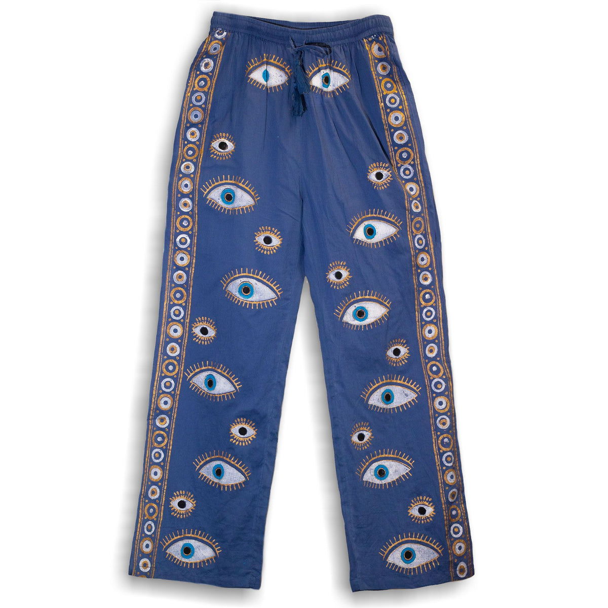 Nomad Sari Lounge Pants (M/L) – Rich Blue with Hand-Painted Gold Evil Eye Design – product image 9 of 10