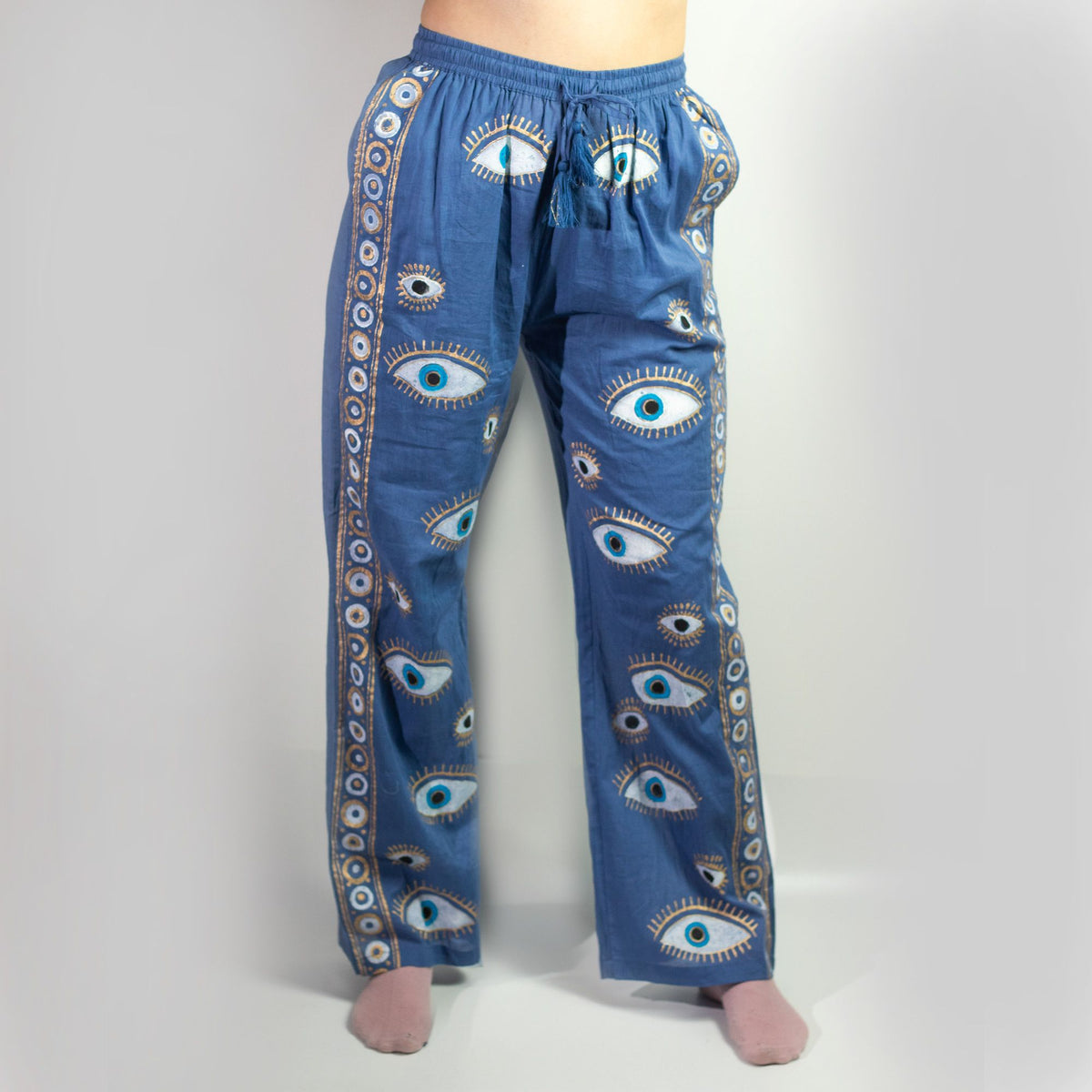 Nomad Sari Lounge Pants (M/L) – Rich Blue with Hand-Painted Gold Evil Eye Design – product image 8 of 10