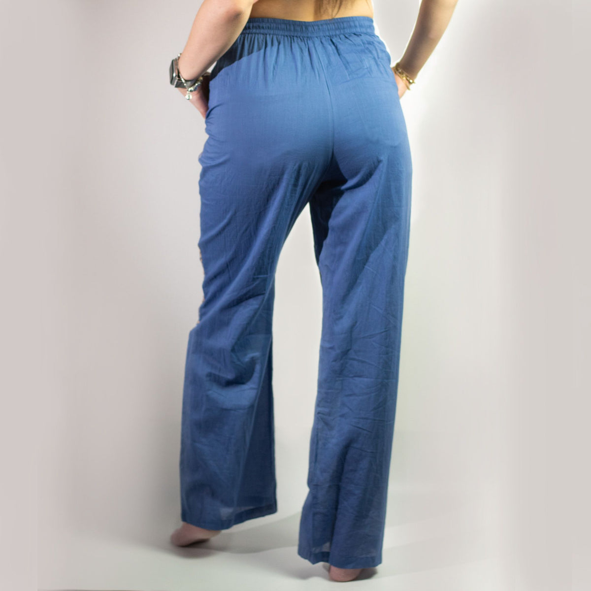 Nomad Sari Lounge Pants (M/L) – Rich Blue with Hand-Painted Gold Evil Eye Design – product image 1 of 10