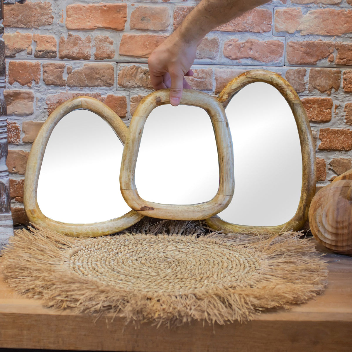Set of 3 Pebble Shaped Mirrors - Light Wood Finish – product image 7 of 9