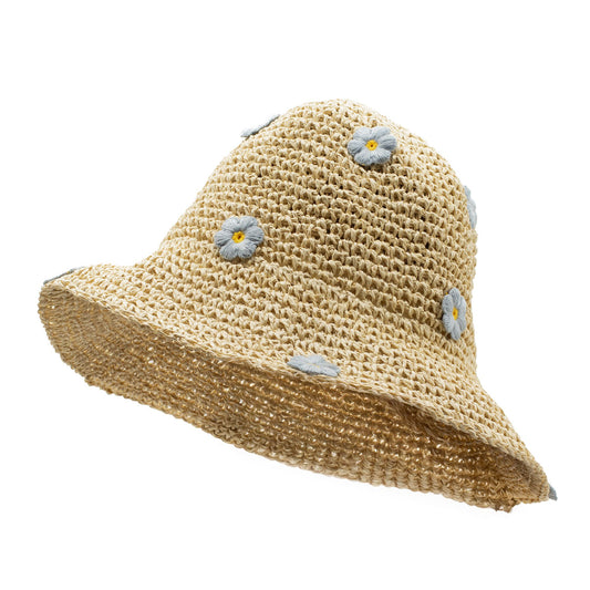 Nomad Sari Floppy Straw Sun Hat - Beige & Blue Flowers – product image 1 of 7