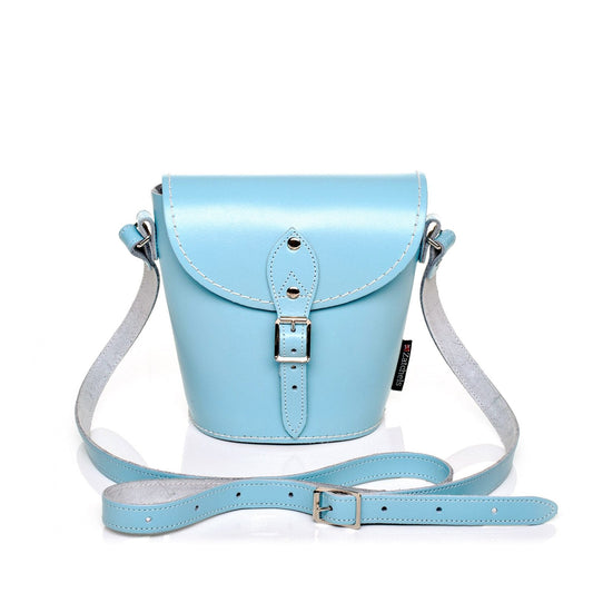 Handmade Leather Barrel Bag - Pastel Baby Blue – product image 1 of 4