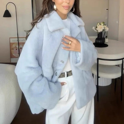Loose Lapel Single Breasted Furry Coat Winter Fashion Fleece Long Sleeve Jacket Plush Short Top For Woman - product image 1 of 6