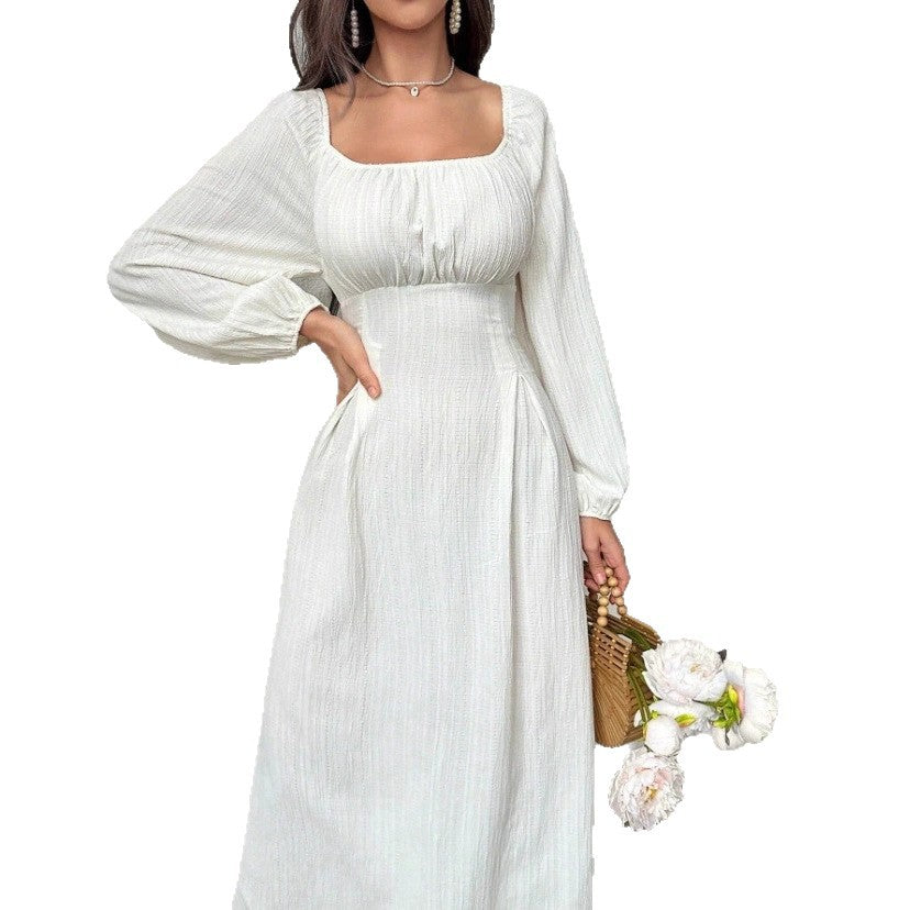Women's Fashion Square-neck Tie-waist Figure-flattering A-line Dress With Long Sleeves And An Elegant Vibe - product image 5 of 9