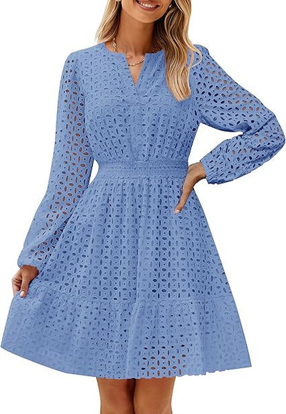 V-neck Hollow Eyelet Embroidered Cotton Long Sleeve Dress – product image 11