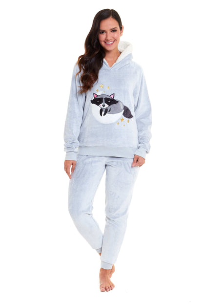 Daisy Dreamer Cuddly Raccoon Fleece Hooded Pyjama Set For Women And Girls Sherpa Lined – product image 5 of 10