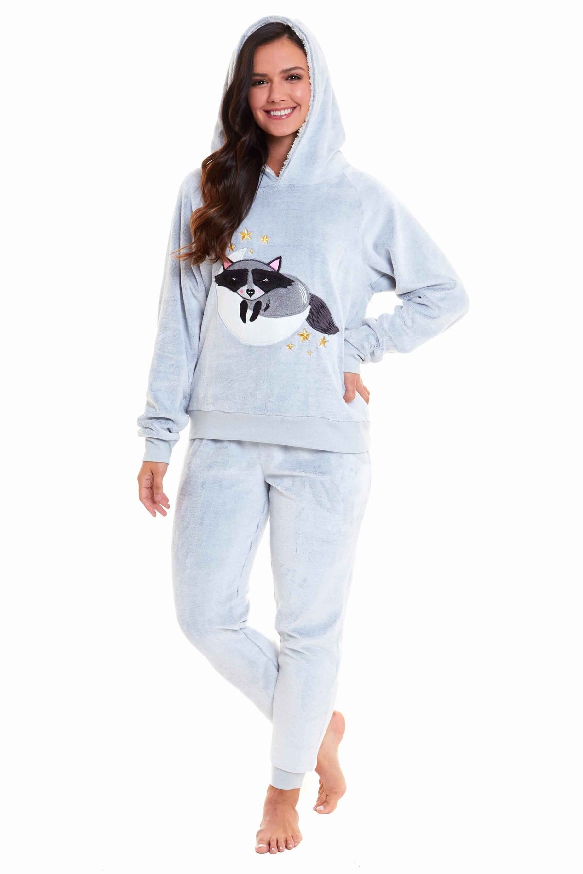 Daisy Dreamer Cuddly Raccoon Fleece Hooded Pyjama Set For Women And Girls Sherpa Lined – product image 1 of 10