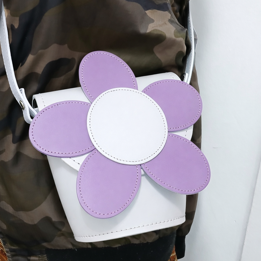 Handmade Leather Daisy Barrel Bag - White & Violet – product image 2 of 5
