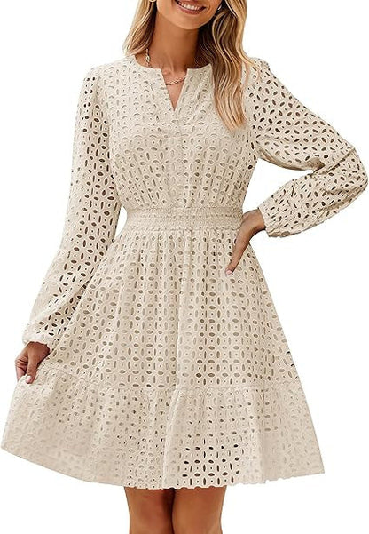V-neck Hollow Eyelet Embroidered Cotton Long Sleeve Dress – product image 14