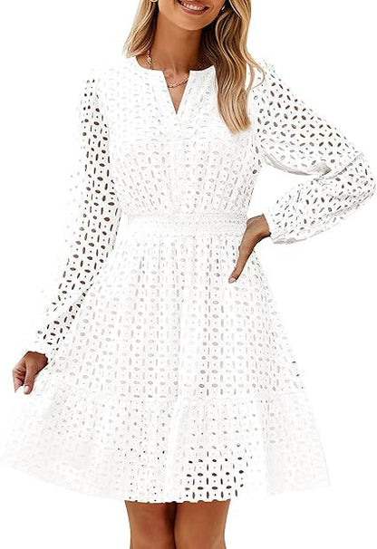 V-neck Hollow Eyelet Embroidered Cotton Long Sleeve Dress – product image 7