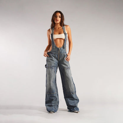 Y2K Zipper Denim Overalls With Pockets Fashion Loose Suspender Jumpsuit Streetwear Jeans Pants Womens Clothing - product image 4 of 13