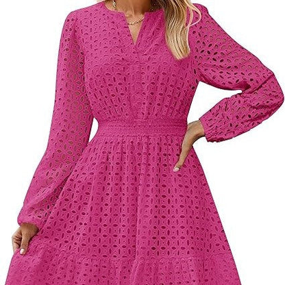 V-neck Hollow Eyelet Embroidered Cotton Long Sleeve Dress – product image 1