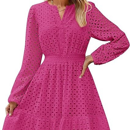 V-neck Hollow Eyelet Embroidered Cotton Long Sleeve Dress – product image 1
