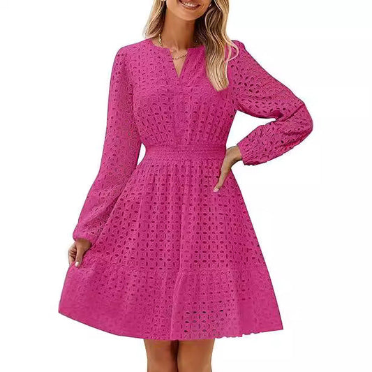 V-neck Hollow Eyelet Embroidered Cotton Long Sleeve Dress – product image 2