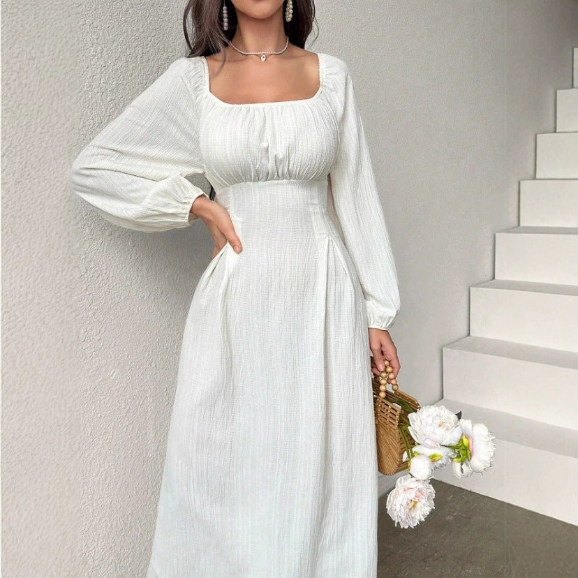 Women's Fashion Square-neck Tie-waist Figure-flattering A-line Dress With Long Sleeves And An Elegant Vibe - product image 1 of 9