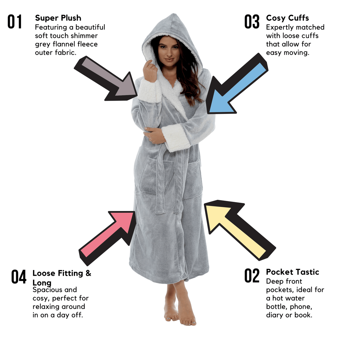 Daisy Dreamer Womens Shimmer Grey Fleece Dressing Gown With Sherpa Fur Hood Plush Flannel – product image 2 of 6