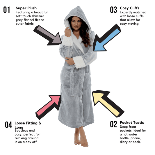 Daisy Dreamer Womens Shimmer Grey Fleece Dressing Gown With Sherpa Fur Hood Plush Flannel – product image 2 of 6