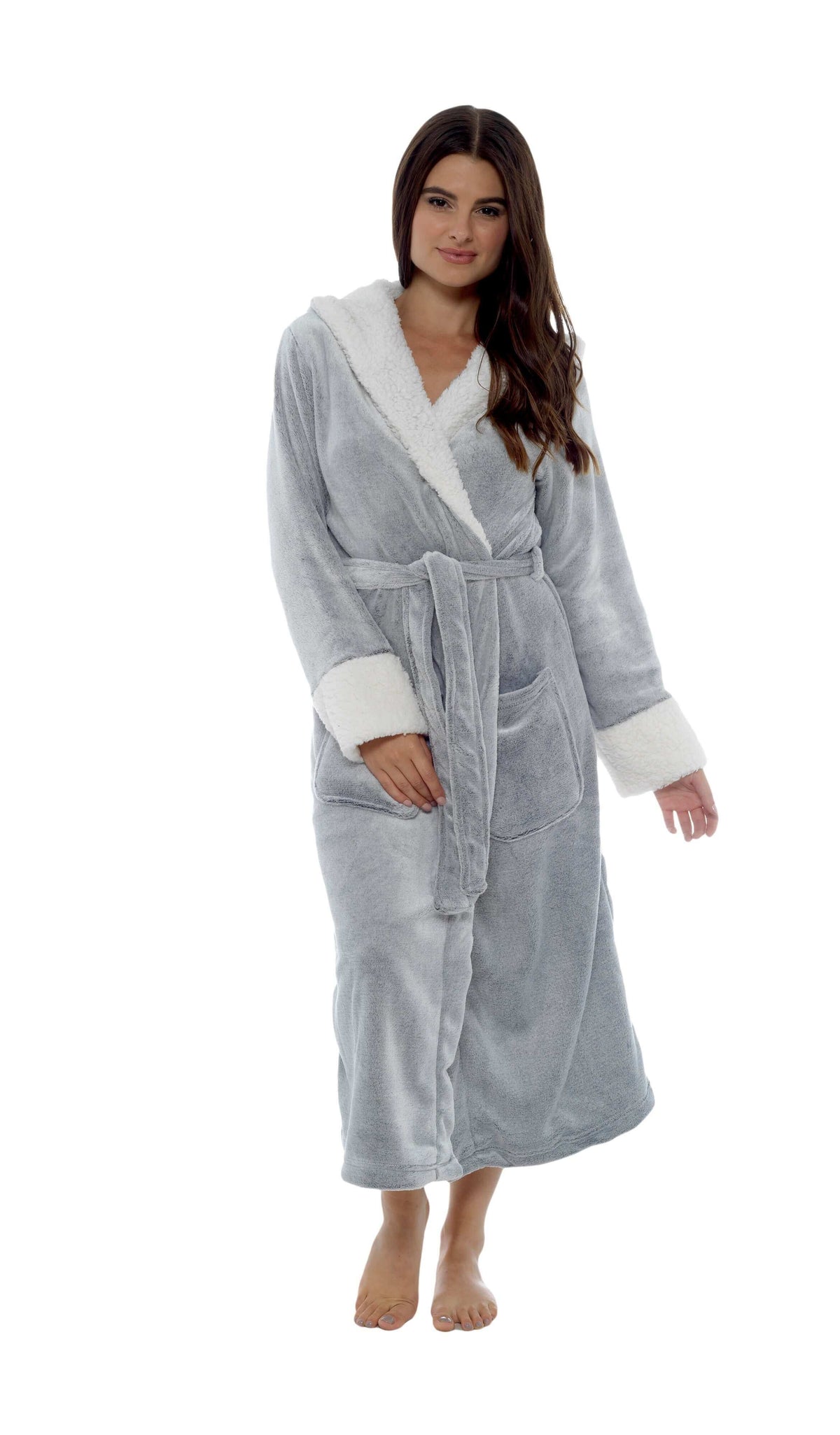 Daisy Dreamer Womens Shimmer Grey Fleece Dressing Gown With Sherpa Fur Hood Plush Flannel – product image 1 of 6