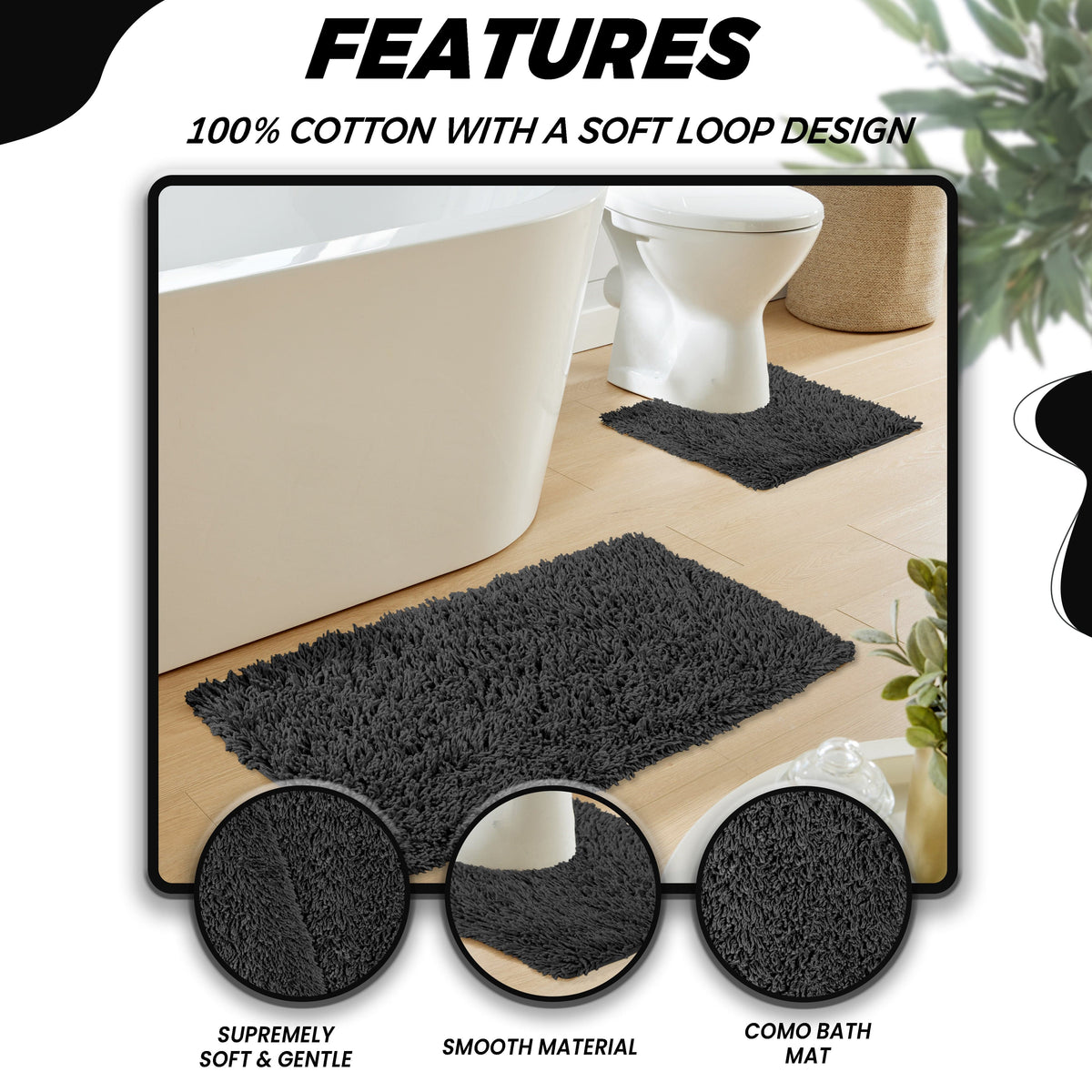 OLIVIA ROCCO Como 2 Piece Black Bath Mat And Pedestal Set Non Slip 100% Cotton Super Soft Easy-Care Home Essential – product image 3 of 5