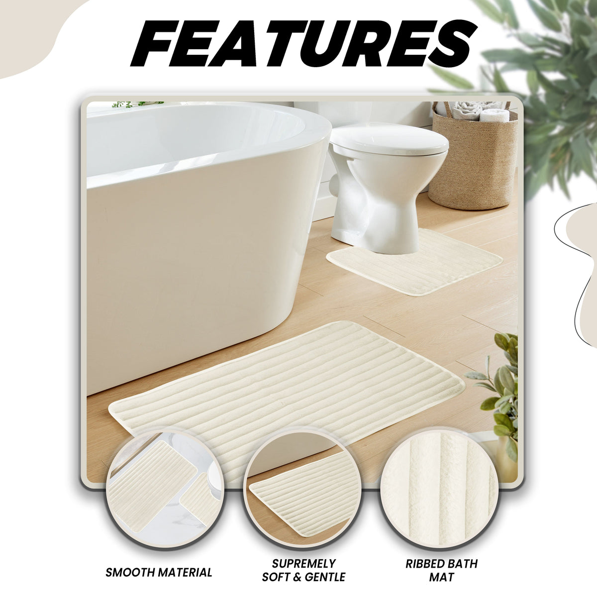 OLIVIA ROCCO 2 Piece Ribbed Bath Mat Set Cream Extra Soft Non Slip Super Absorbent Easy – product image 4 of 6