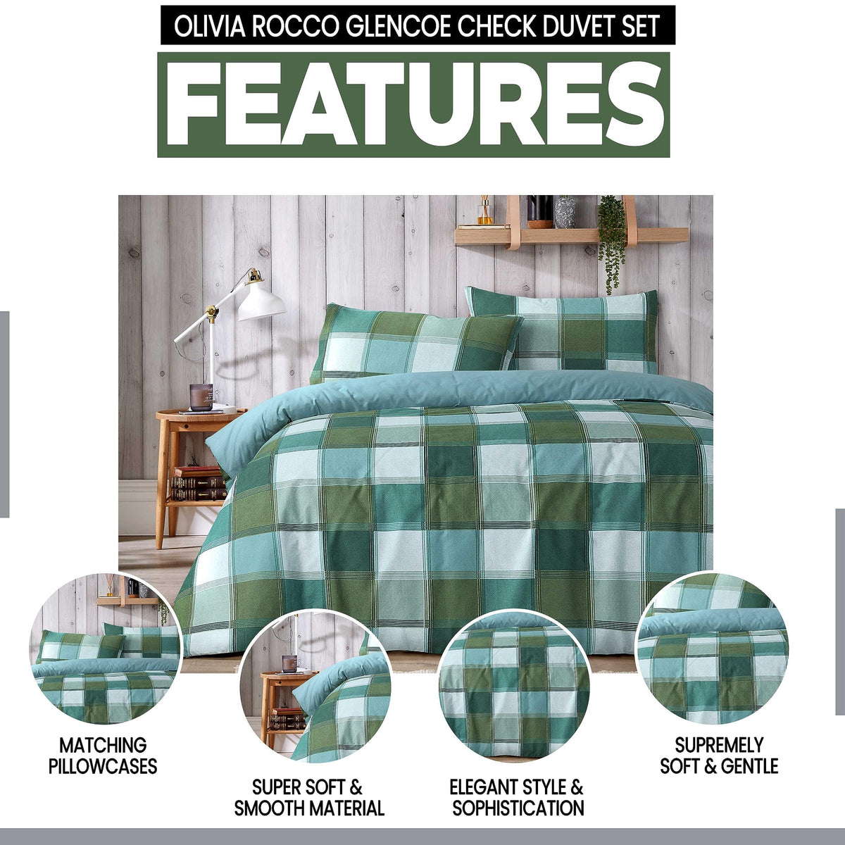 OLIVIA ROCCO Glencoe Check Duvet Cover Set Reversible Polycotton With Pillowcases – product image 5 of 7