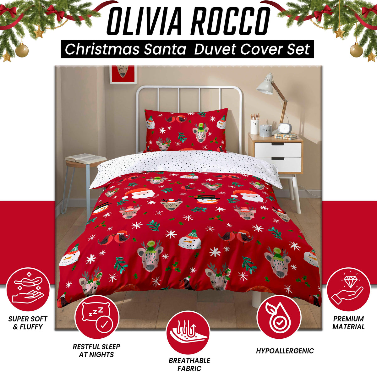 OLIVIA ROCCO Santa Duvet Cover Set With Pillowcases Reversible Xmas Snow-White Design – product image 3 of 6