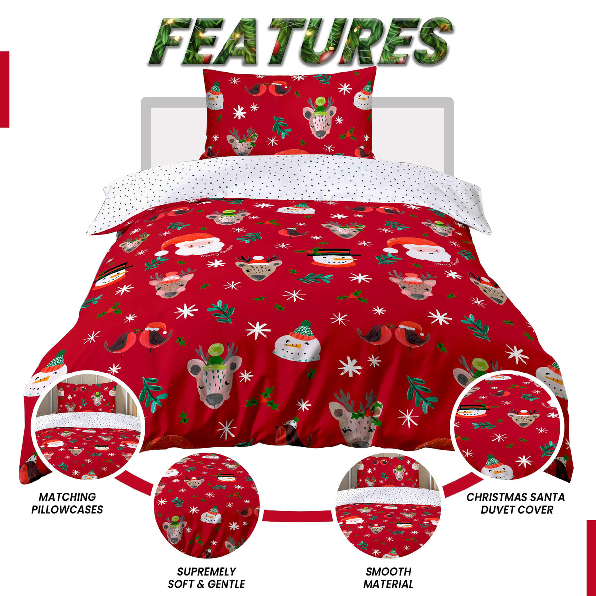 OLIVIA ROCCO Santa Duvet Cover Set With Pillowcases Reversible Xmas Snow-White Design – product image 4 of 6