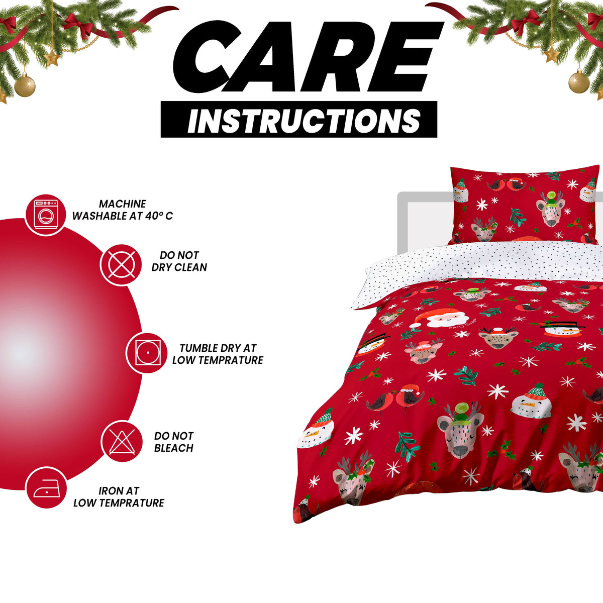 OLIVIA ROCCO Santa Duvet Cover Set With Pillowcases Reversible Xmas Snow-White Design – product image 5 of 6