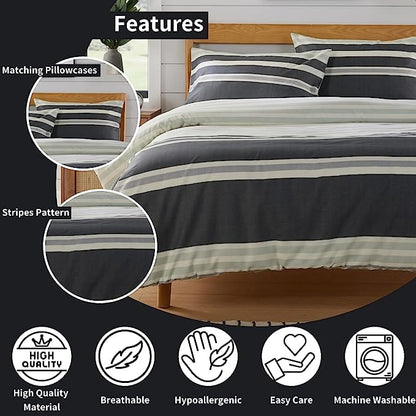 OLIVIA ROCCO Duvet Cover Set Miami Stripes Reversible Hypoallergenic Cotton Blend Grey Super Soft Hotel-Style Finish – product image 6 of 9