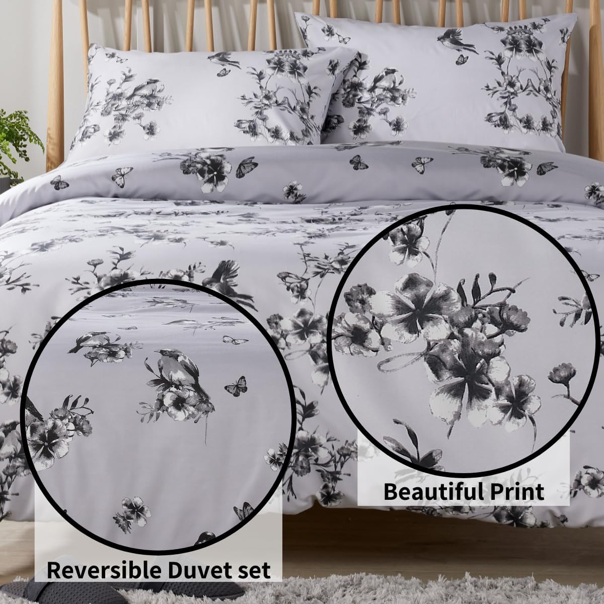 OLIVIA ROCCO Blossom Grey Printed Reversible Quilted Duvet Cover Set Easy Care Hotel-Quality Easy-Care Bedroom – product image 4 of 7