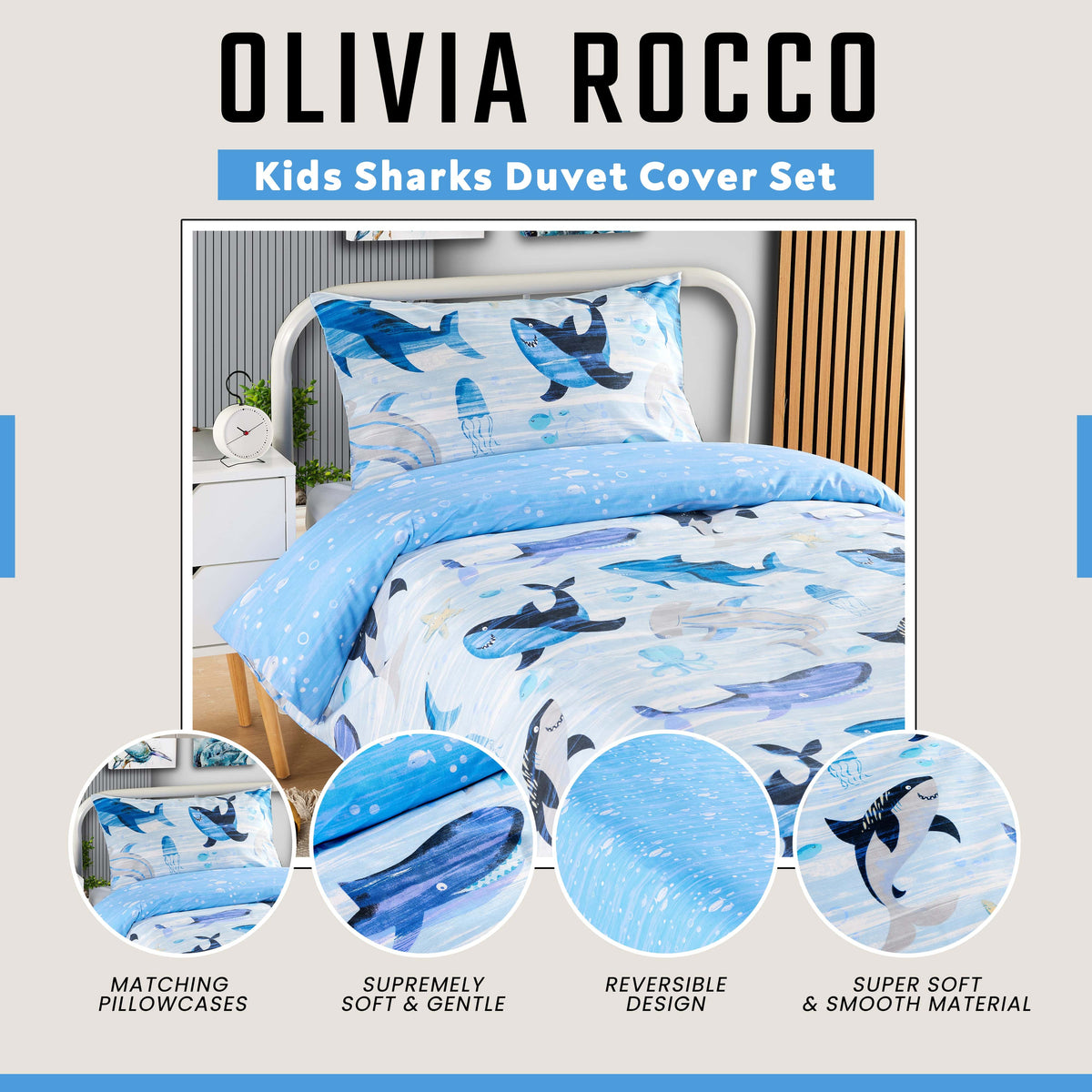 OLIVIA ROCCO Duvet Cover Set For Kids For Boys And Girls Sharks And Whales Reversible – product image 6 of 9