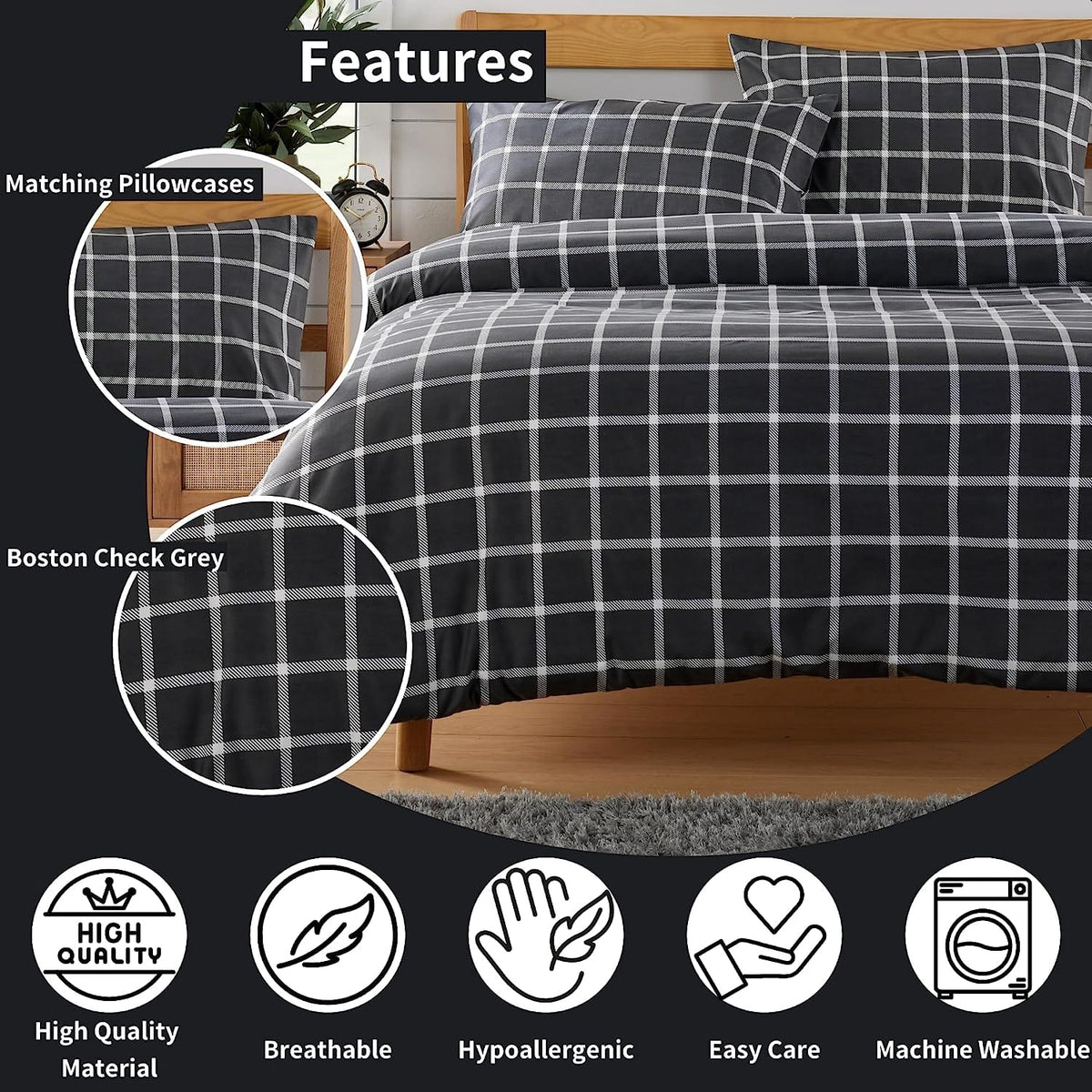 OLIVIA ROCCO Grey Check Reversible Duvet Cover Set Breathable Microfibre Easy Care – product image 5 of 7