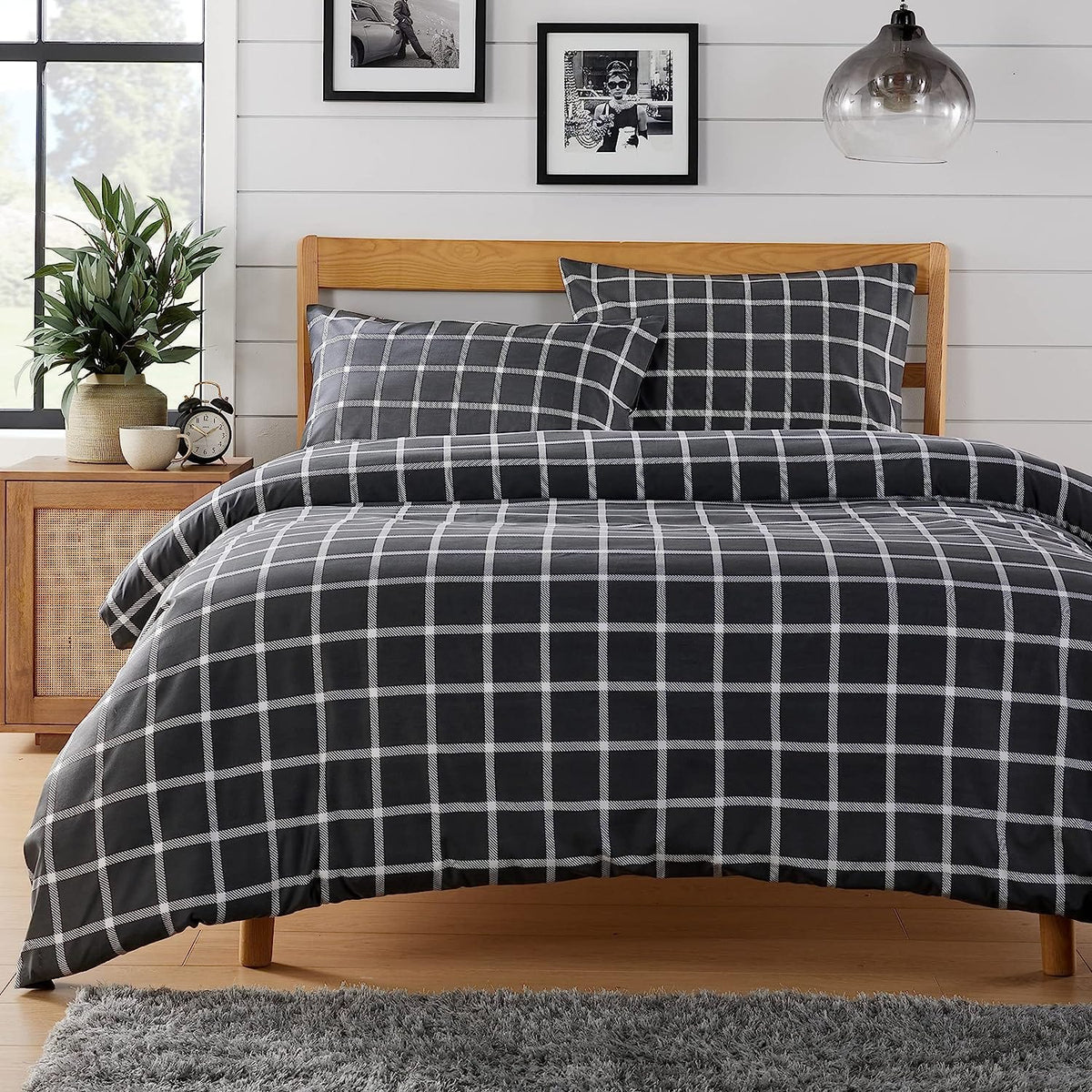 OLIVIA ROCCO Grey Check Reversible Duvet Cover Set Breathable Microfibre Easy Care – product image 1 of 7