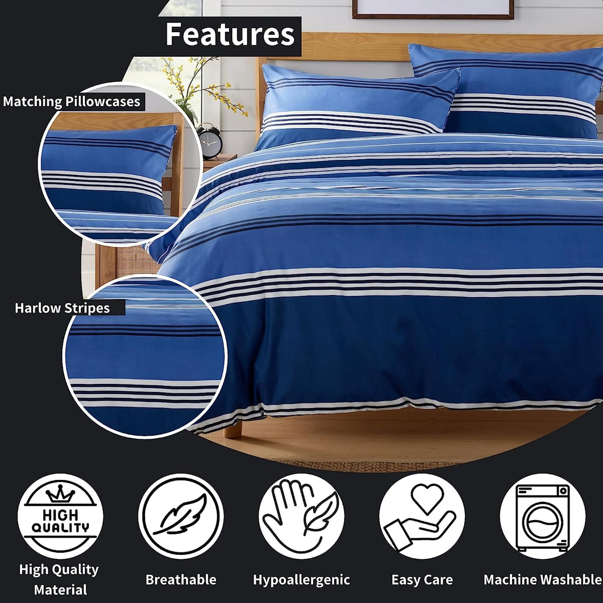 OLIVIA ROCCO Harlow Stripes Blue Duvet Cover Set With Pillowcases Breathable Microfibre for Easy-Care Everyday Luxury – product image 4 of 6