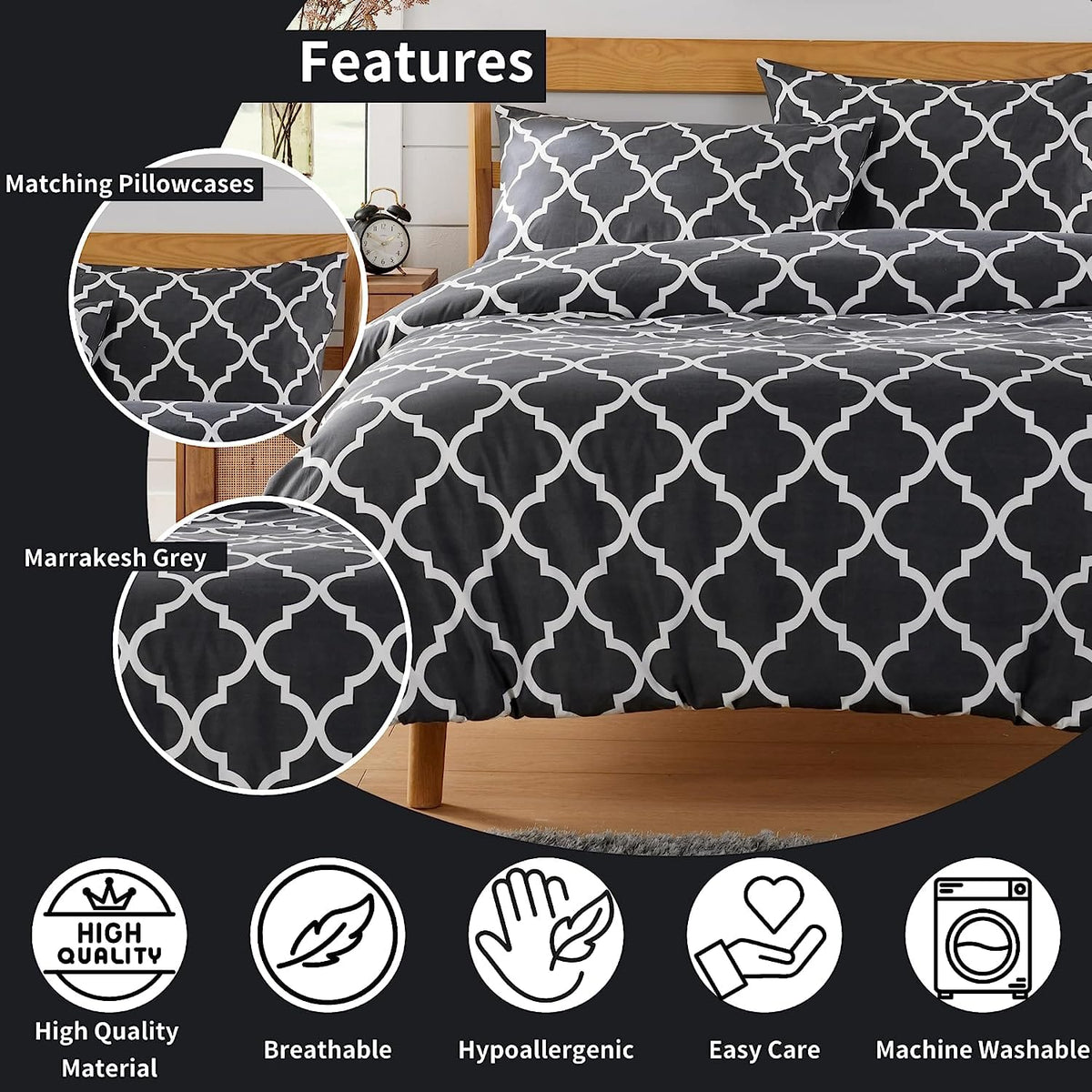 OLIVIA ROCCO Marrakesh Grey Printed Duvet Cover Set Easy Care With Pillowcases Hotel-Quality Super Soft Finish – product image 4 of 7