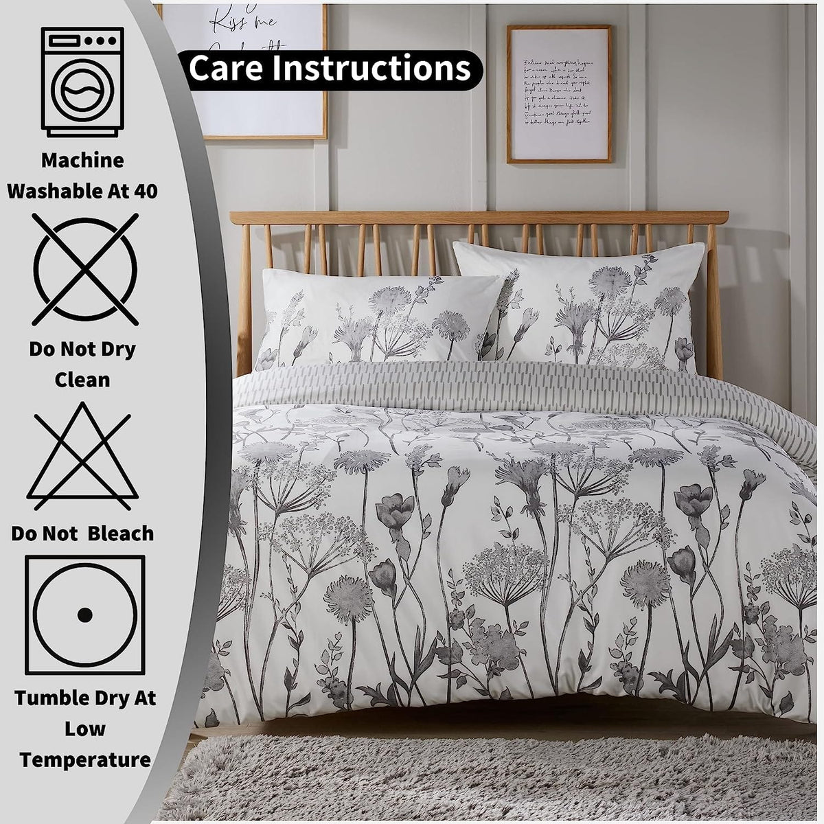 OLIVIA ROCCO Meadow Grey Reversible Duvet Cover Set With Pillowcases Breathable Microfibre for Everyday Luxury Hotel-Style – product image 6 of 7
