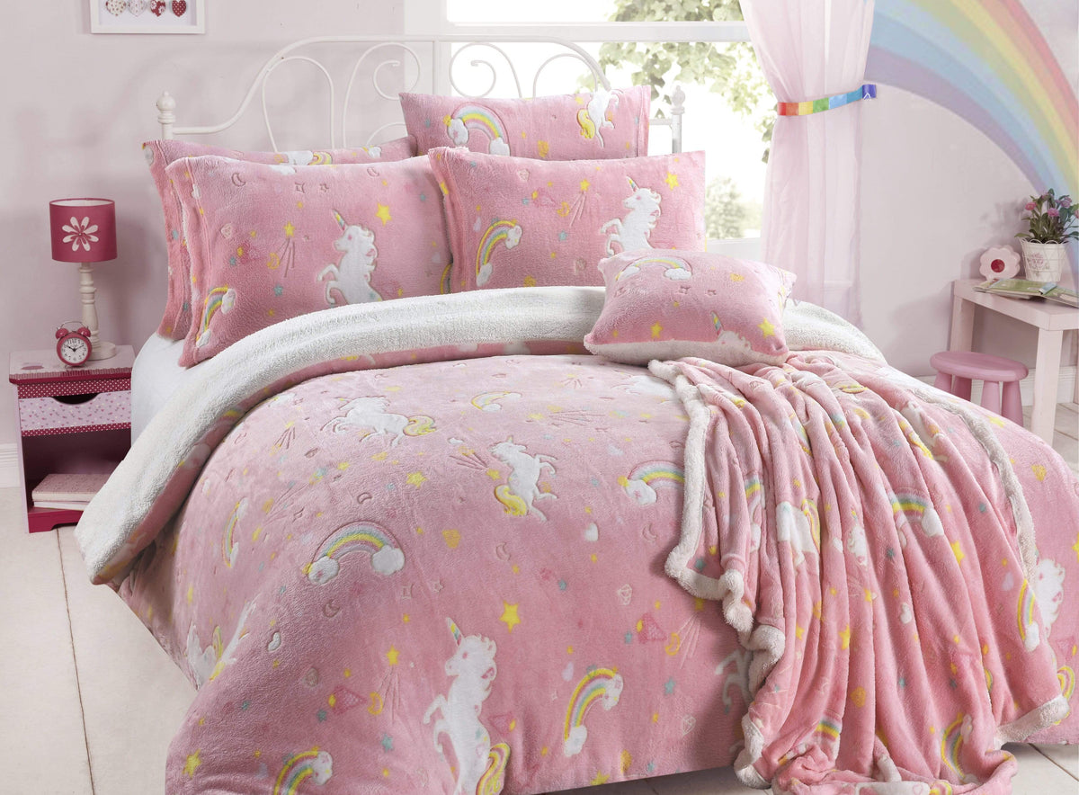 OLIVIA ROCCO Rainbow Unicorn Glow In The Dark Teddy Fleece Duvet Set For Kids Super Soft – product image 2 of 10