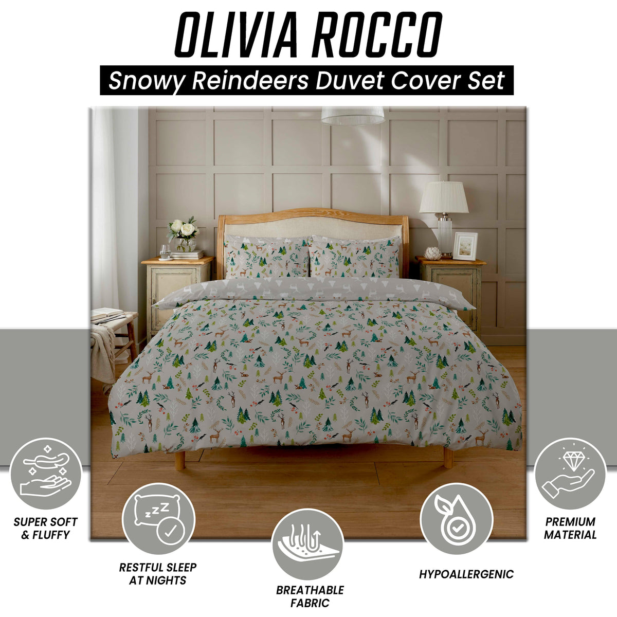 OLIVIA ROCCO Snowy Reindeers Reversible Duvet Cover Set With Pillowcases Polycotton – product image 2 of 5