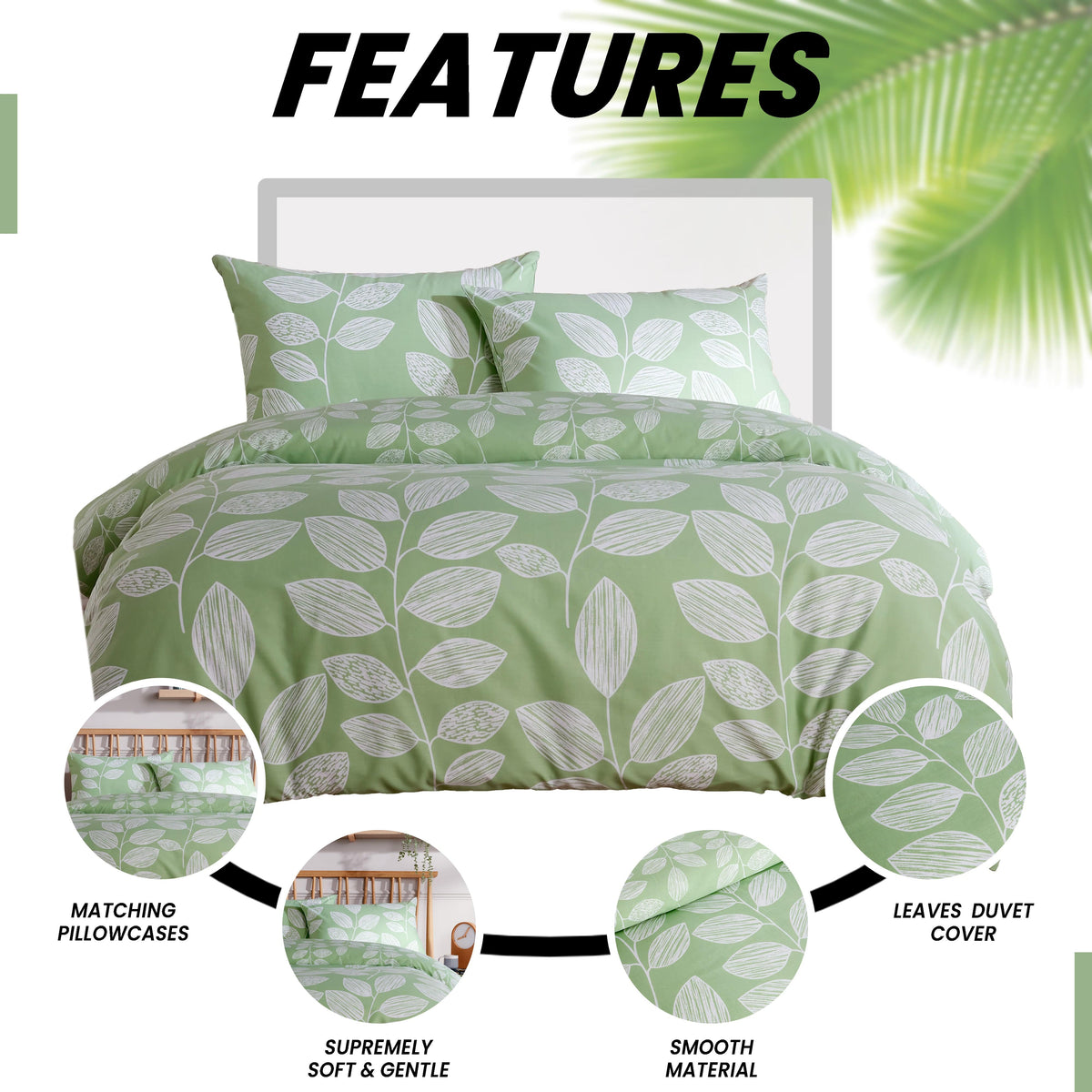 OLIVIA ROCCO Leaf Print Reversible Cotton Rich Duvet Cover Set With Pillowcases Black Bedroom Refresh Easy-Care Comfort – product image 5 of 7