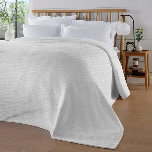 OLIVIA ROCCO Florian Checked Throw Blanket White 100% Cotton Bedspread For Sofa And Bed – product image 1 of 6