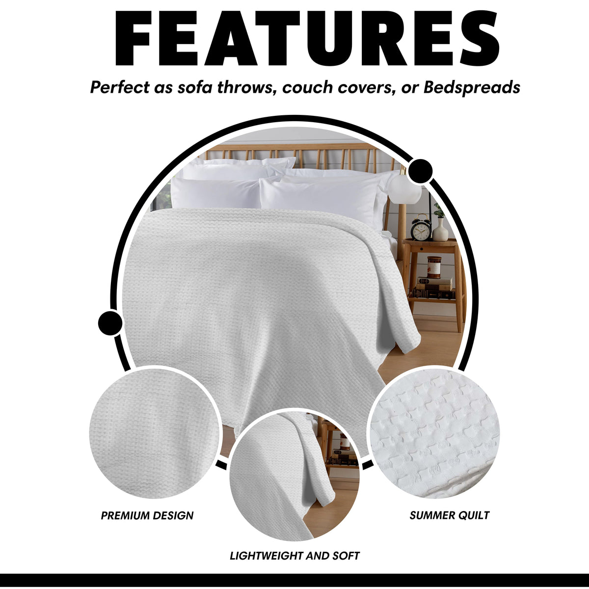 OLIVIA ROCCO Florian Checked Throw Blanket White 100% Cotton Bedspread For Sofa And Bed – product image 2 of 6