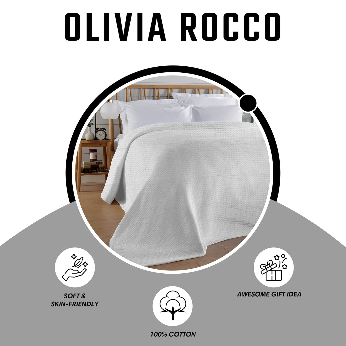 OLIVIA ROCCO Florian Checked Throw Blanket White 100% Cotton Bedspread For Sofa And Bed – product image 3 of 6