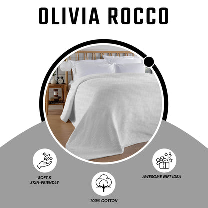OLIVIA ROCCO Florian Checked Throw Blanket White 100% Cotton Bedspread For Sofa And Bed – product image 3 of 6