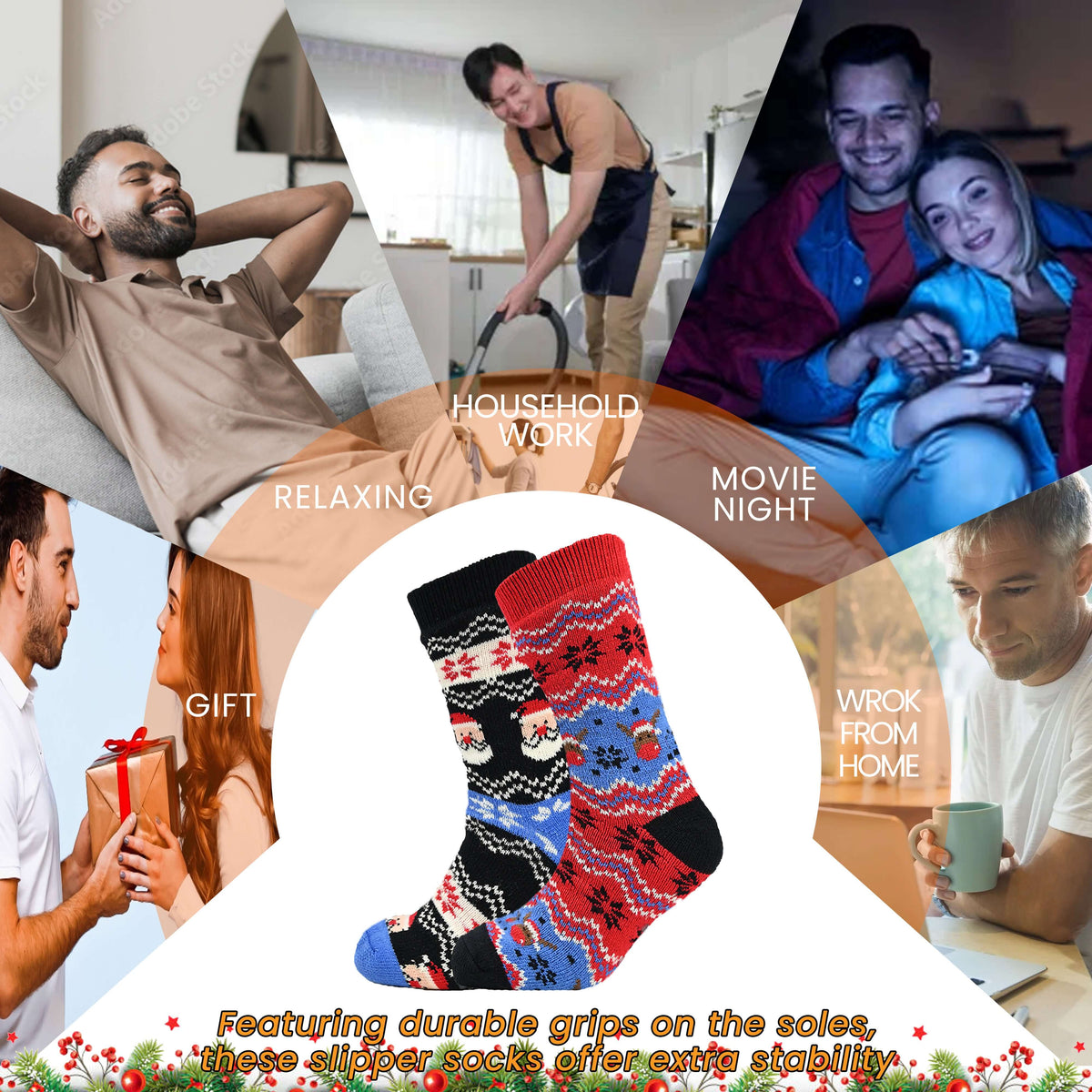 Sock Stack Pack Of 2 Men's Festive Chunky Knit Slipper Socks With Grips Non Slip Sole – product image 4 of 5