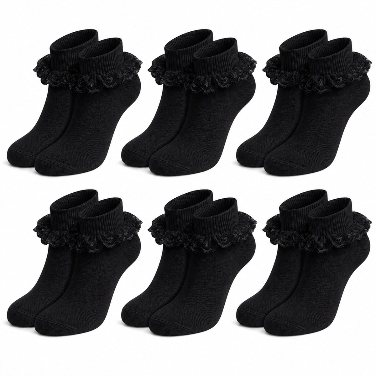 Sock Stack 6 Pairs Black Girls Tutu Frilly Ankle Socks With Lace And Bow Super Soft – product image 1 of 5
